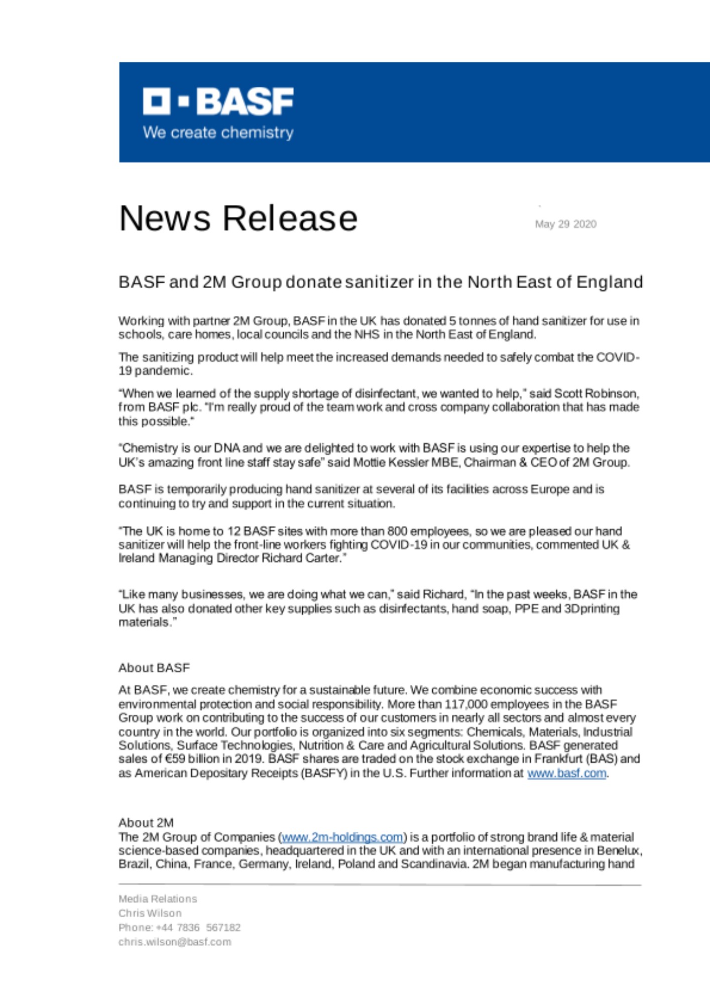 Working with partner 2M Group, BASF in the UK has donated 5 tonnes of hand sanitizer for use in schools, care homes, local councils and the NHS in the North East of England. 